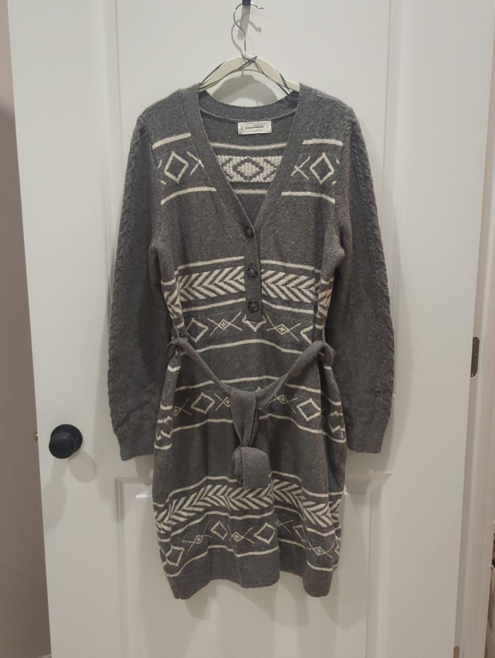 Lucky Brand Gray V-Neck Sweater Dress with Cream Pattern